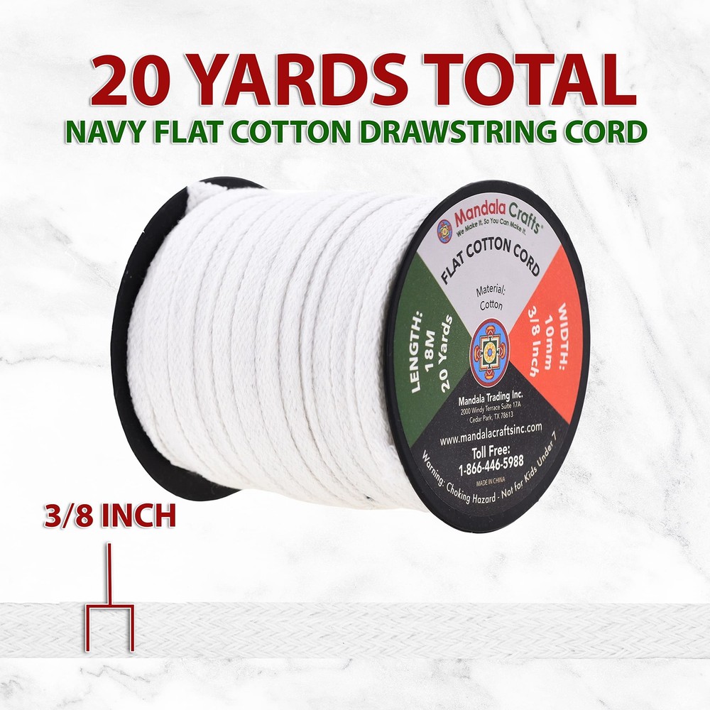 White Flat Drawstring Cord Drawstring , 3/8 Inch 20 YDs White Soft Drawstring...