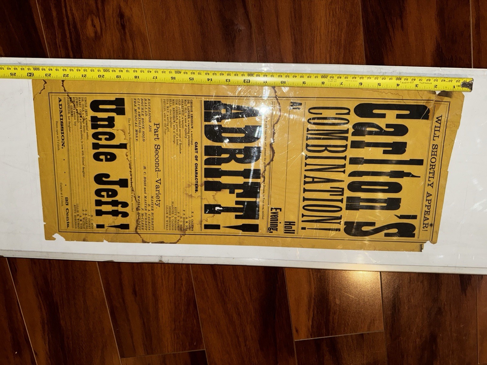 Antique 1880s Carlton’s Combination Adrift Uncle Jeff Theater Broadside Poster