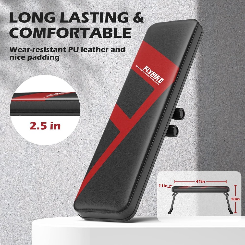 FLYBIRD Flat Bench, Foldable Weight Bench Easy Assembly for A-Red