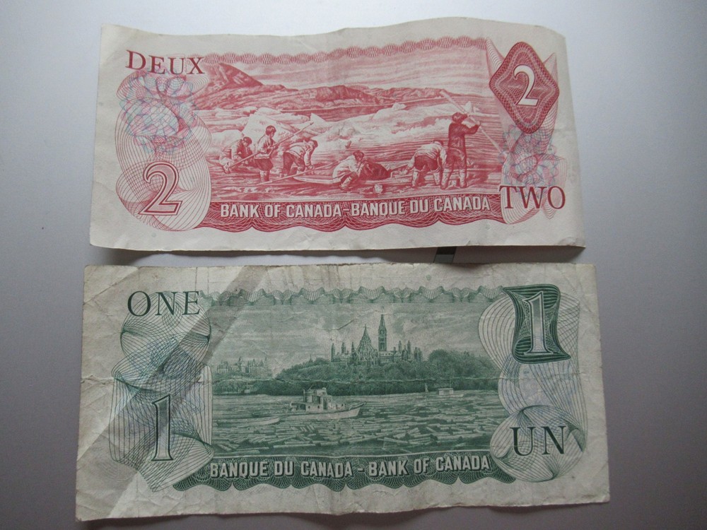 $1 1973 Canada Bank Note Bill & $2 1974 ml