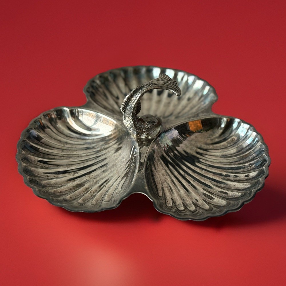 Silver Plated Three Scallop Shell Shaped Serving Dish Center Dolphin Handle