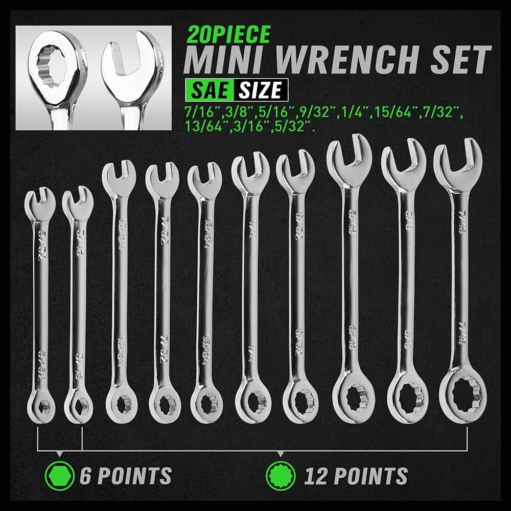 22 pc Mini Wrench Set Metric SAE Ignition Spanner Open End and Box End Standard
