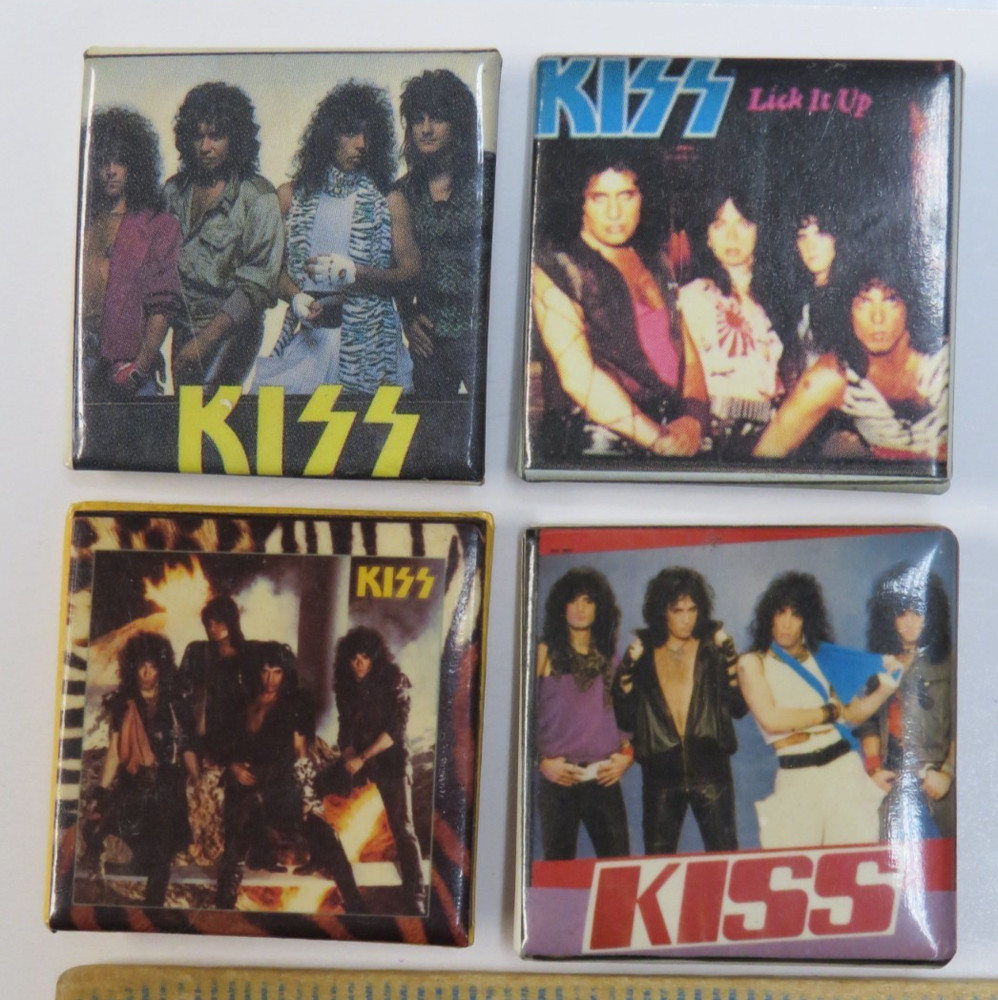 KISS VINTAGE 1980's SQUARE BUTTONS FROM CANADA - LOT OF 4 GROUP SET #10