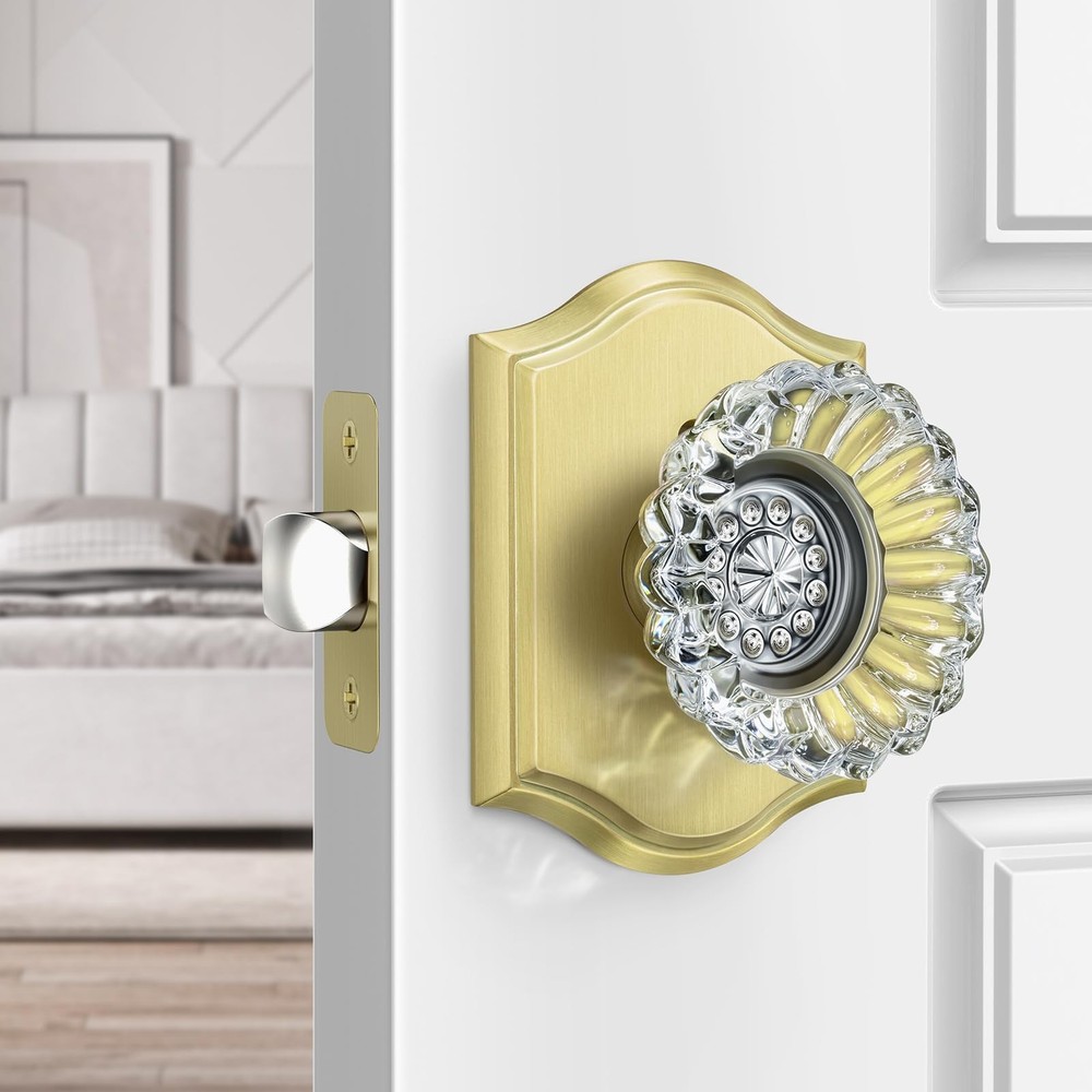 Crystal Door Knobs with Lock, Brushed Gold Glass Door Knobs Interior for Priv...