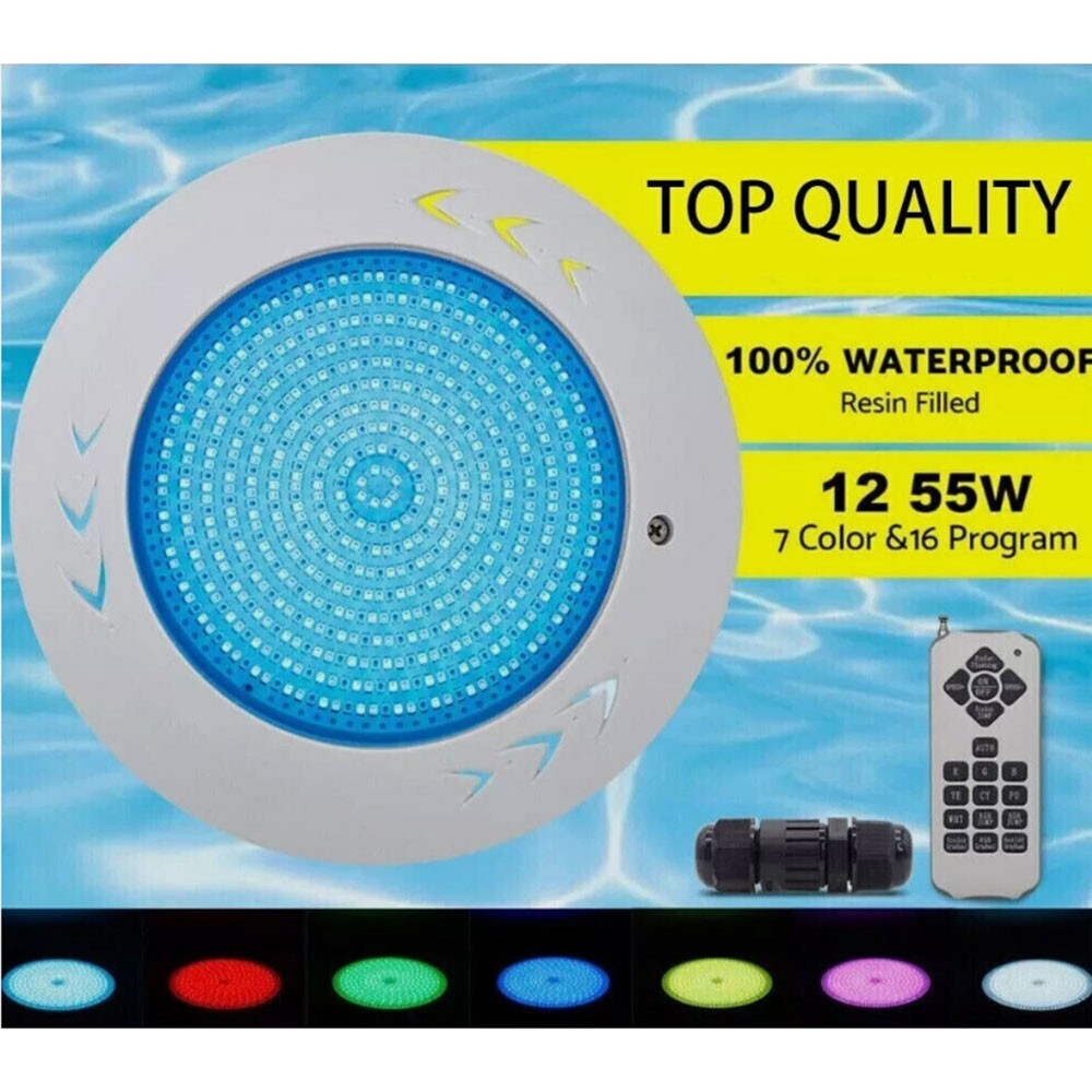 Resin Filled Swimming Pool LED Light 12V 55W RGB Remote Control Memory Function