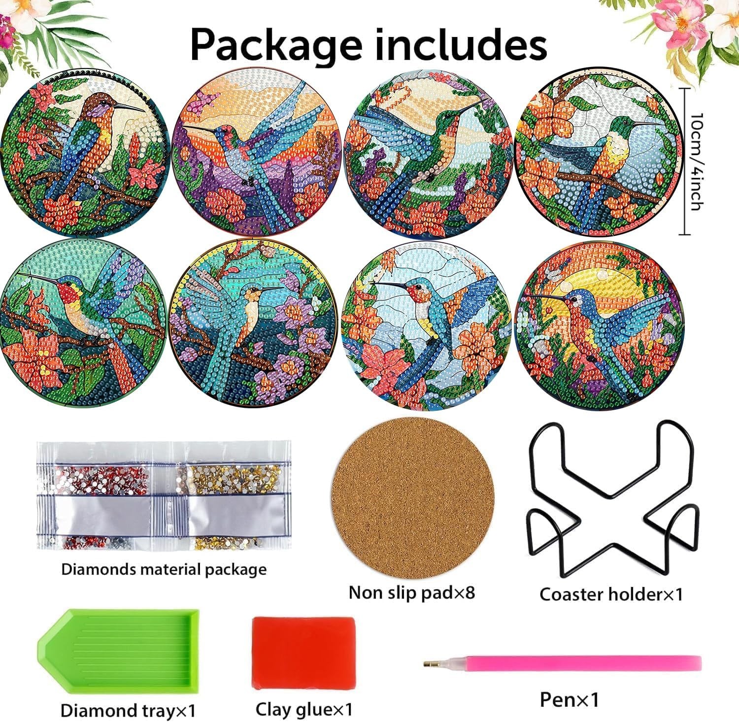 mrpwnle 8 PCS Diamond Painting Art Coaster Set with Hummingbird Coasters