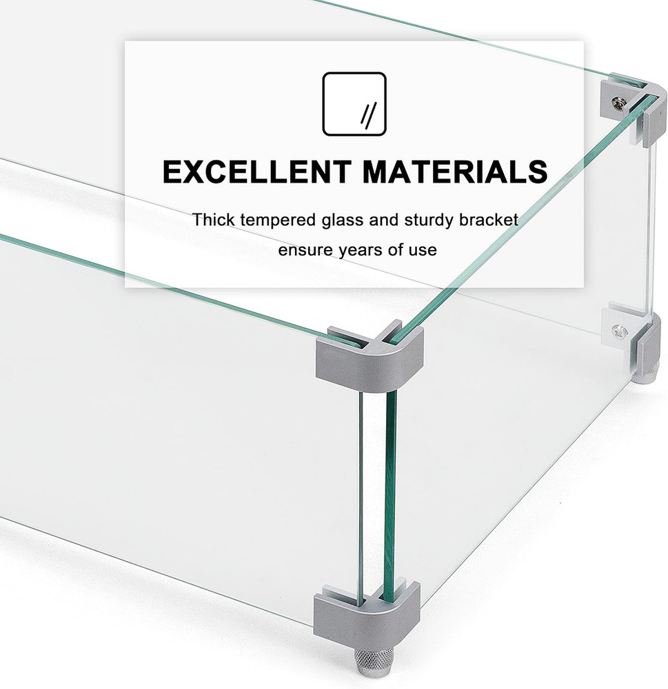 Rectangular Fire Pit Wind Guard - Durable Glass & Sturdy Aluminum Brackets