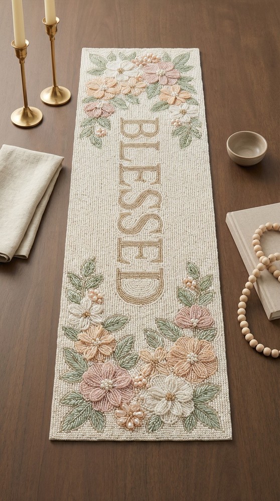 Handmade Beaded Table Runner 13x36 - Blessed Floral Design - Elegant Spring