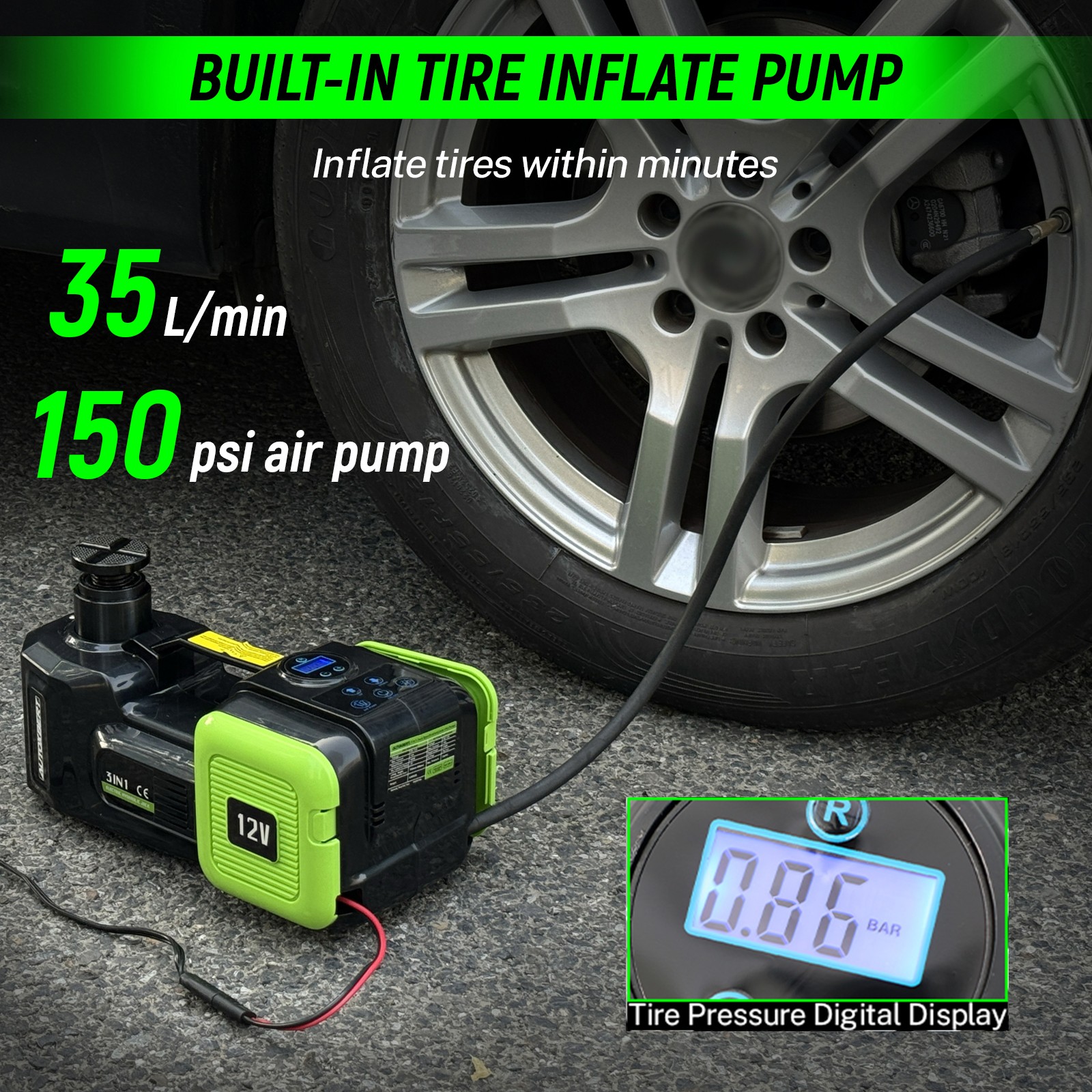 Electric Hydraulic Floor Jack 5 Ton 12V w/ Tire Inflator Air Pump Repair Kit Car