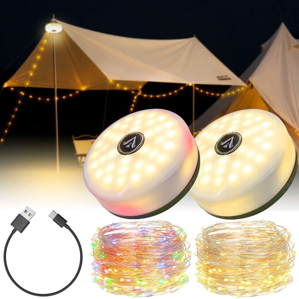 2 Pack Camping String Lights Rechargeable,26 FT Camping Lights String Waterproof