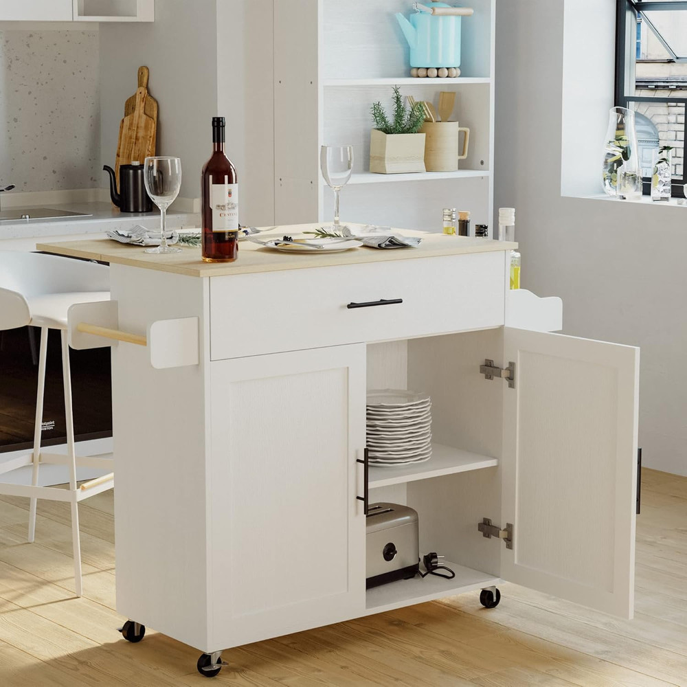 Rolling Kitchen Island Table on Wheels with Drop Leaf, Storage Cabinet, Drawer,