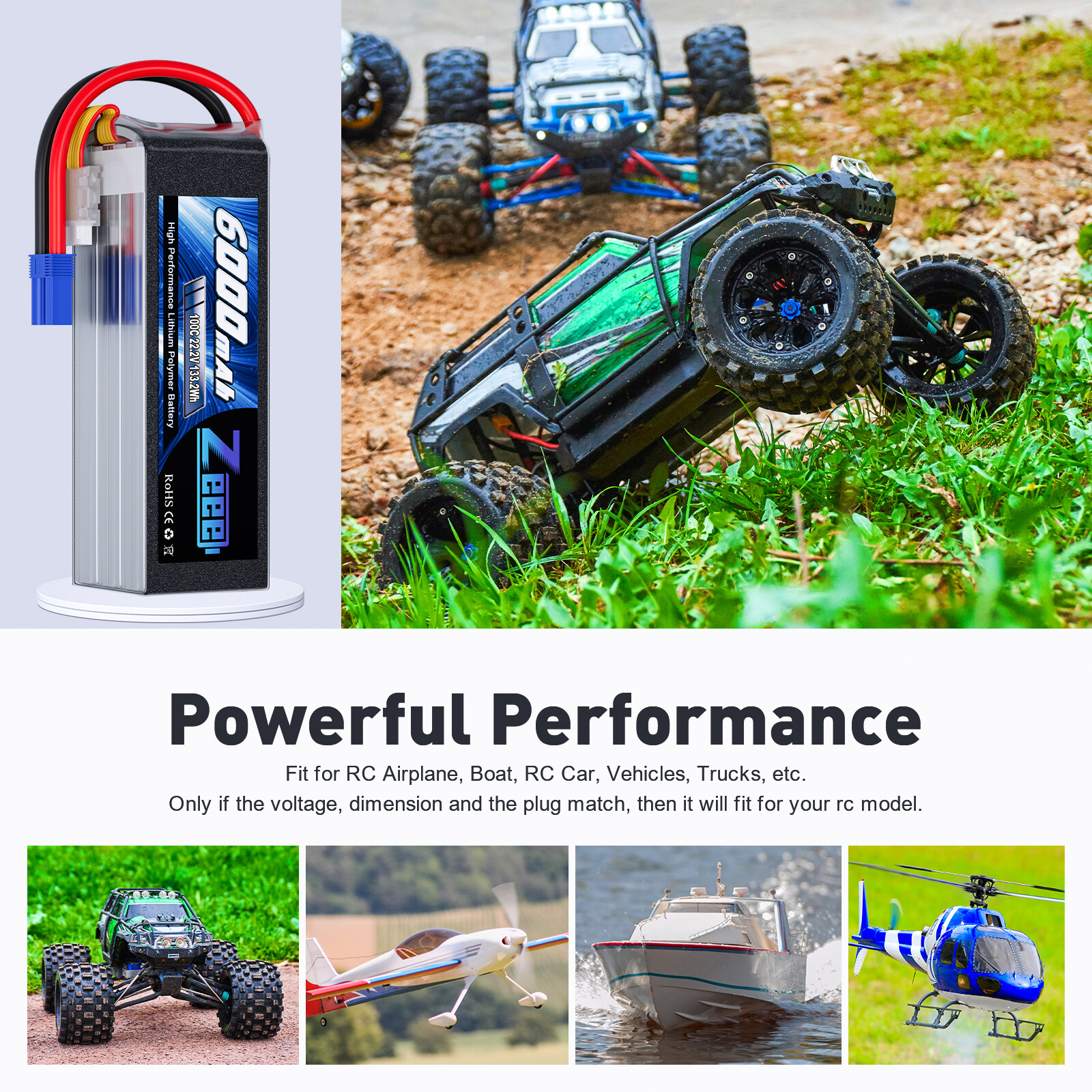 2PCS Zeee 6S Lipo Battery 6000mAh 22.2V 100C EC5 Plug for RC Car Helicopter Boat