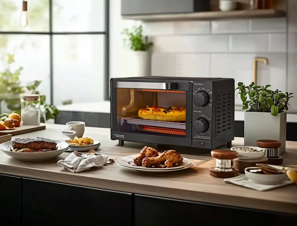 4-Slice Toaster Oven with Bake Function, Includes Baking Rack and Pan, Black
