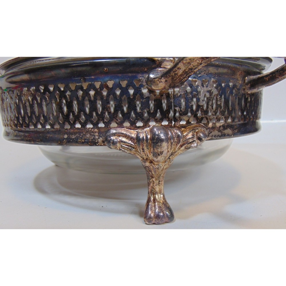 Casserole Dish Vintage Silver Plate Covered Footed 9" Glass Fancy Buffet Elegant