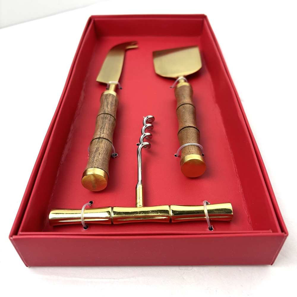 Talbots 3 Pc Brass Wintertaining Set Cheese Knives Corkscrew Bamboo Style Gift