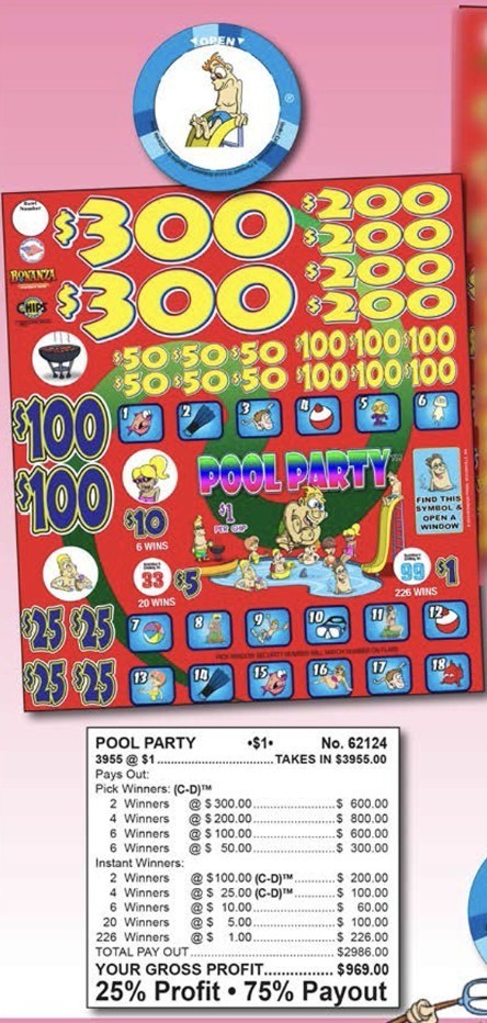 Pull Tab Tickets - Chips - Game - Pickboard - Pool Party - 3,955 ct