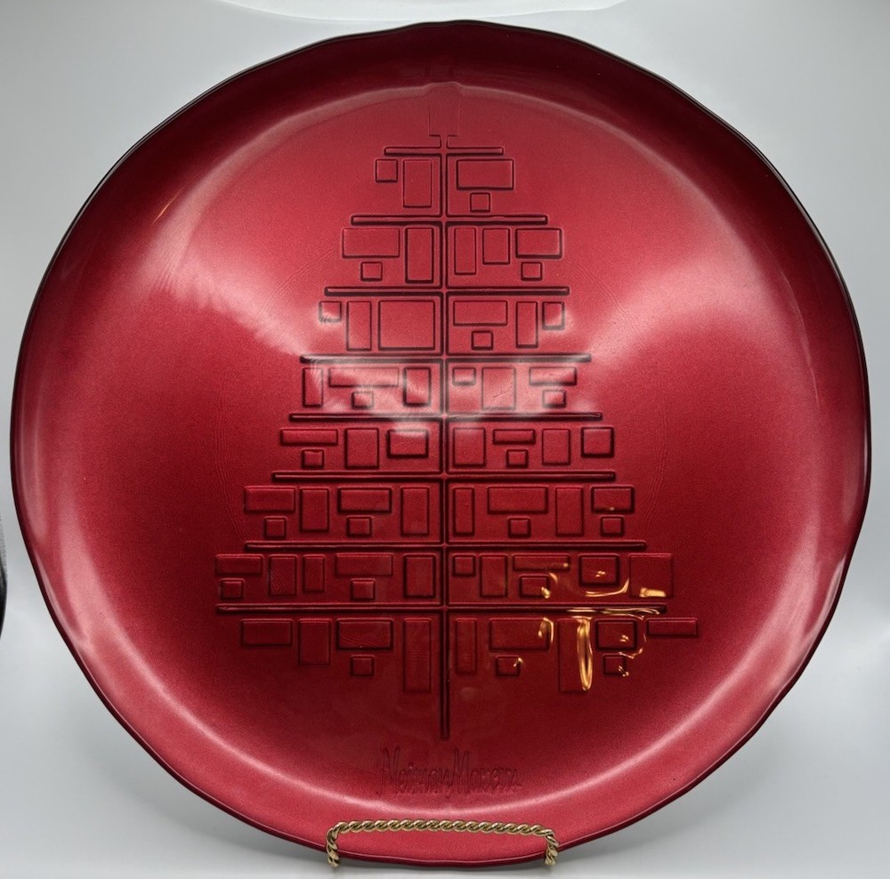 Neiman Marcus Red Christmas Platter With Imprinted Tree