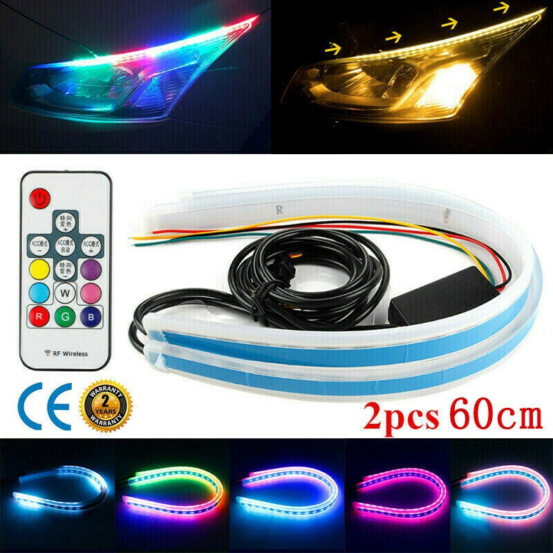 2X 60CM Remote Control RGB LED Strip Daytime Running Light Headlight Universal