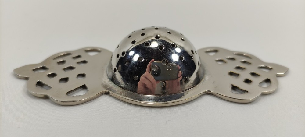 Vintage Silverplated Pierced Two-Handled Over Tea Service Cup Strainer Openwork