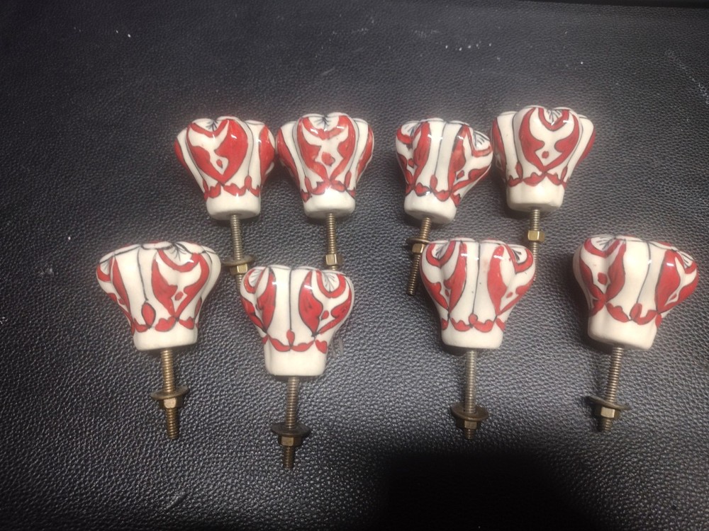 Red Floral Drawer Pulls Knobs 8 piece Ceramic brass hardware no damage