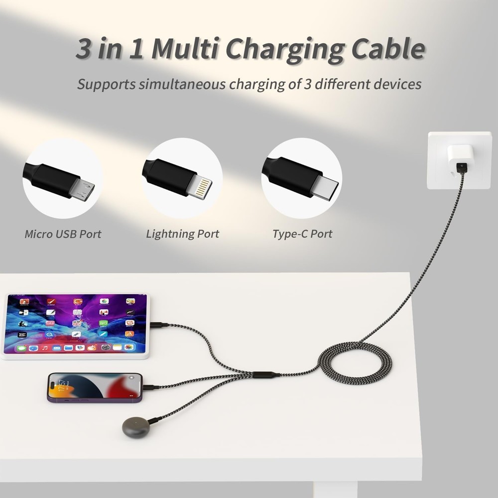 IDISON Multi Charging Cable(2Pack 4FT), 3 in 1 USB 2Pack 4FT, Black Gray