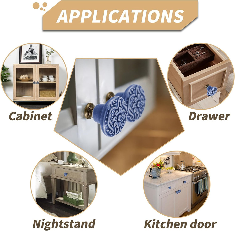 Greyish Blue Ceramic Knobs 10 Pack Flower Drawer Pulls Vintage Cabinet Knobs - A