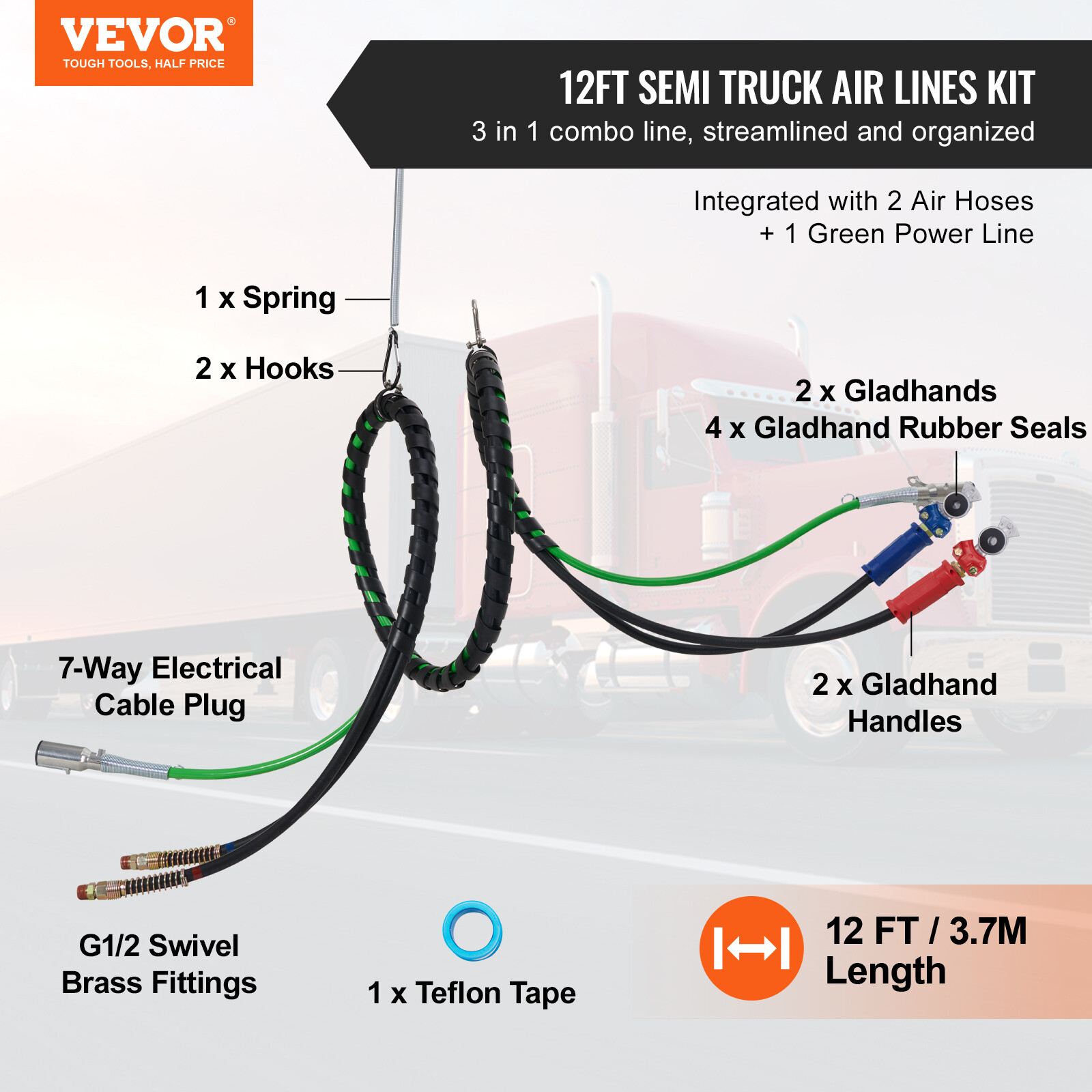 VEVOR 15FT 3-in-1 Semi Truck Air Lines Kit with 2PCS Glad Hands and Handles