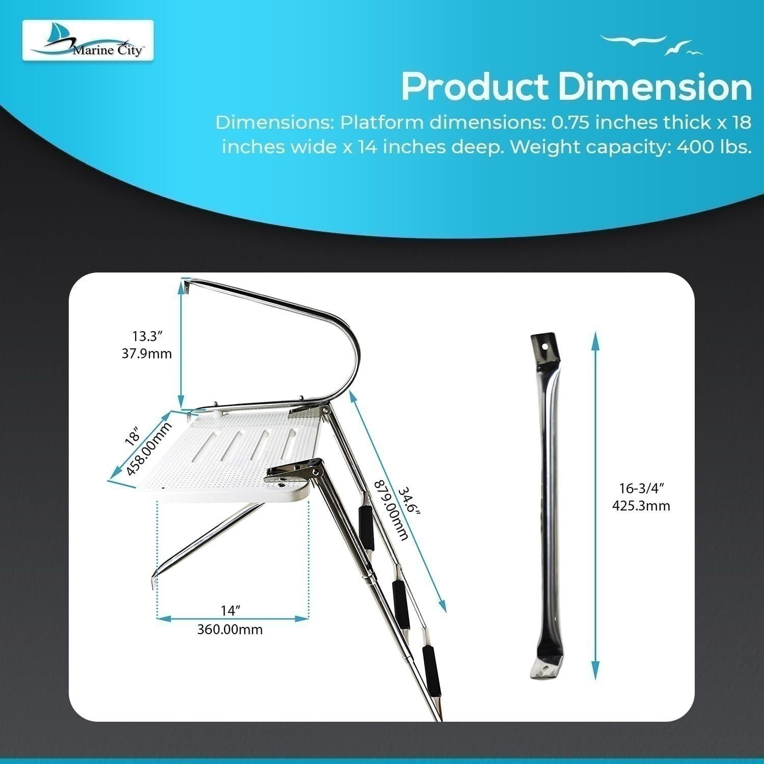 Marine City 3 Step Stainless Steel Telescoping Boat O/B Swim Ladder for Boat