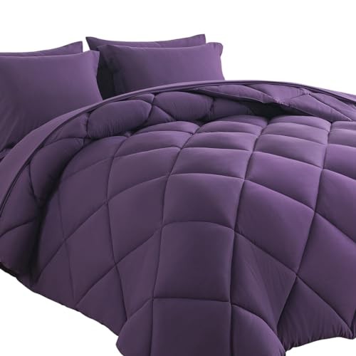 Bed in a Bag Comforter Sets 7pcs All Season Solid Down Alternative Full Purple