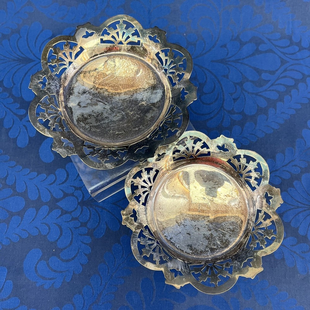Ornate Pair Of 5” Silver Plated Footed Pierced Serving Bowls Dish Candy