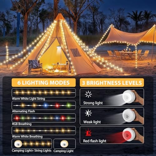 Camping String Lights, 4 in 1 Quick Storage 32.8FT 1PACK Warm & RGB