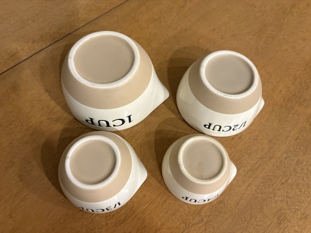 Ceramic Measuring Cup Set White & Beige Nesting 4pc w/ Pour Spouts