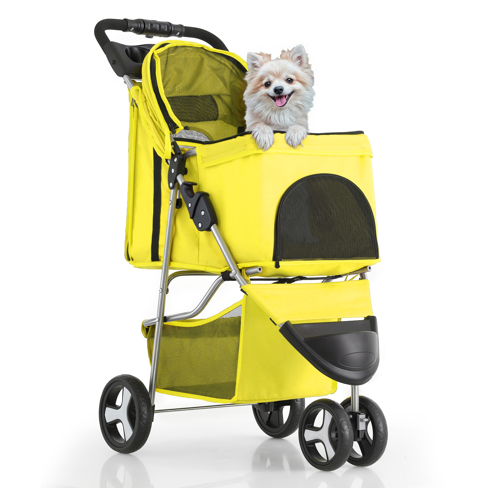 Yellow Foldable Dog Stroller Portable Pet Cat Carrier Cart w/Adjustable Sunshade