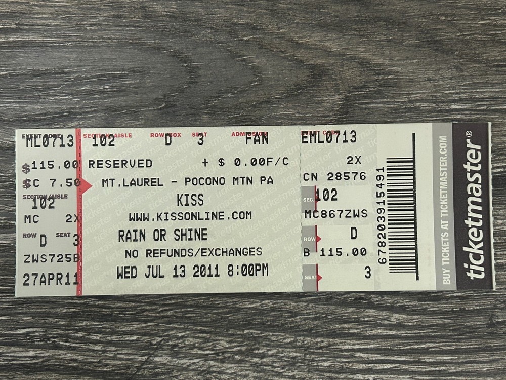 KISS FULL TICKET STUB Poconos PA 2011 Hottest Show On Earth Concert Tour