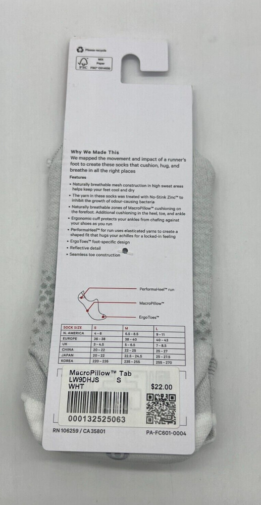 Lululemon MacroPillow Tab Run Sock - 1 Pair White - Small - NEW