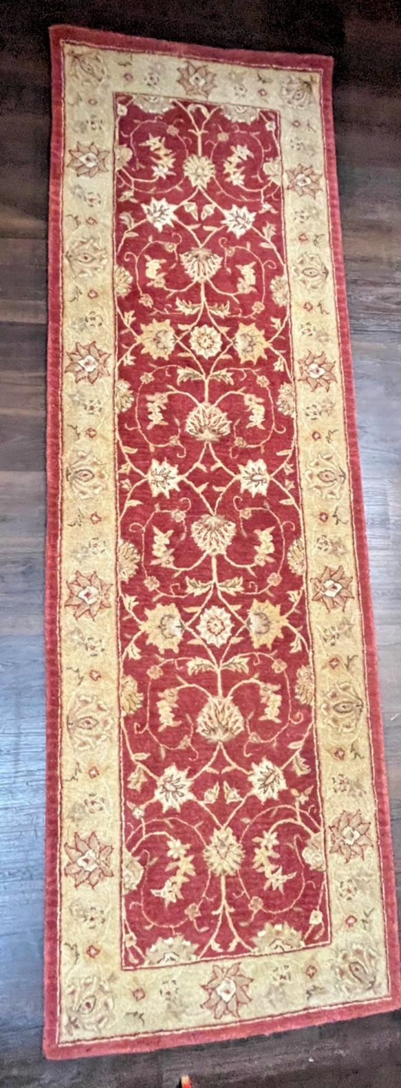 Hand Knotted Chobi Hallway Runner Rug Wool Red Beige Floral Pattern 31" x 97"
