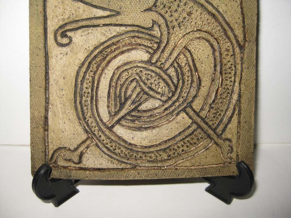 Rare mythical creature primitive earthenware tile incised sgraffito dragon 3 3/4