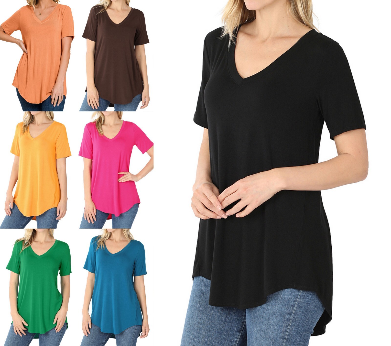 Women's Loose Fit V Neck Short Sleeve T-Shirt Long Blouse Basic Soft Tunic Top