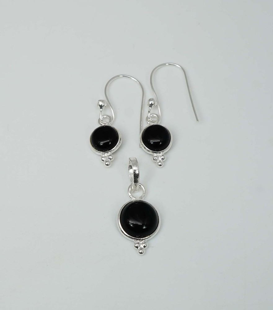 925 Solid Sterling Silver Black Onyx Hook Earring Pendant Set
