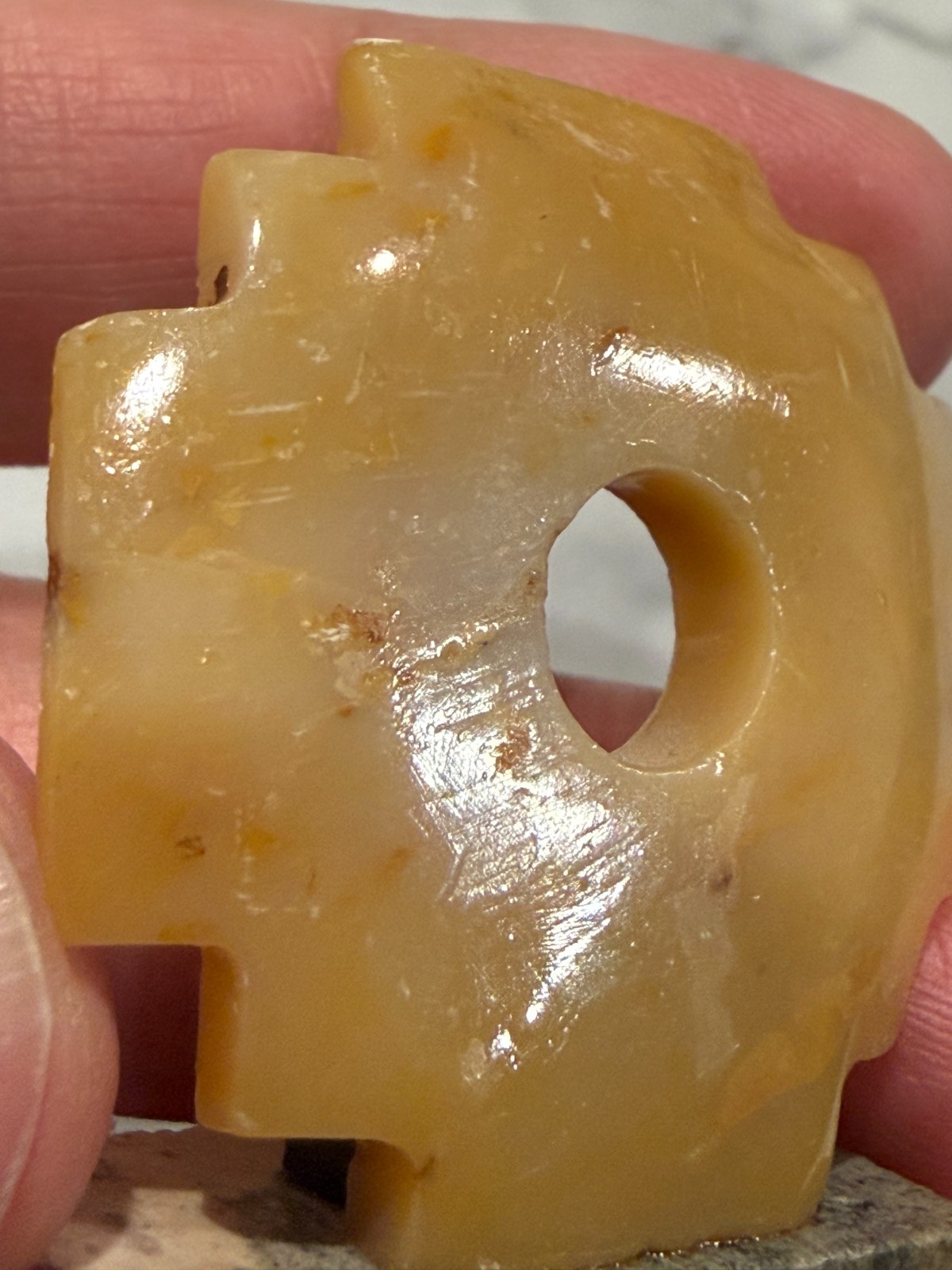 Vintage Small Yellow Stone Carving Chakana Inca Cross on Stand