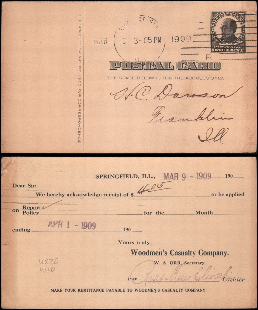 US #UX20 Springfield IL, 1909