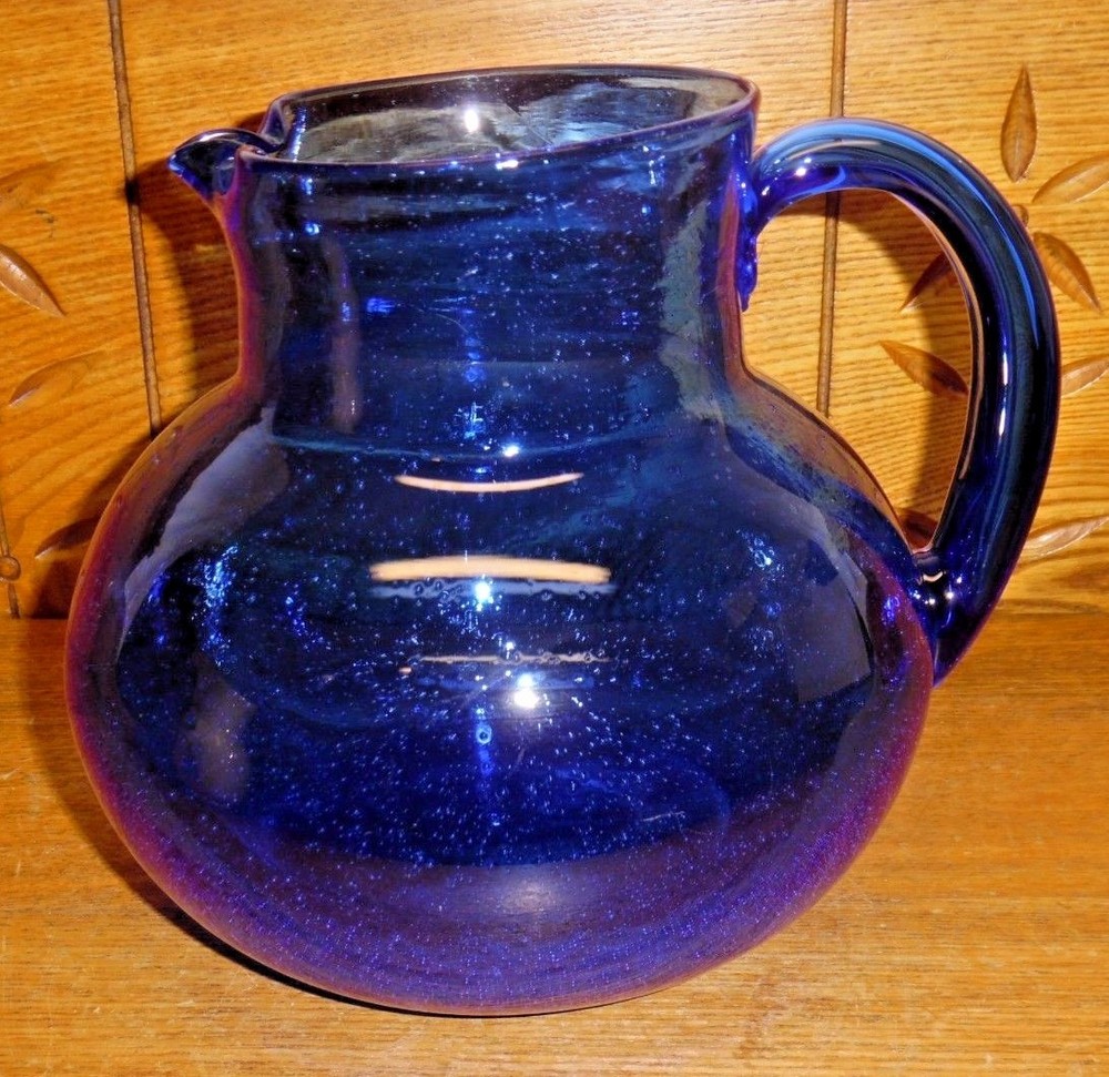 Contemporary Bubble Cobalt Blue Glass Pitcher - 7 1/4"