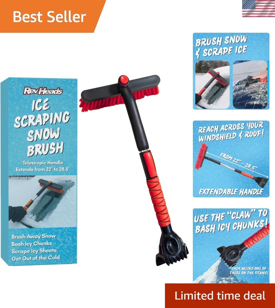 Versatile Ice Scraper with 28" Telescopic Handle - Brush, Chisel & Claw Features