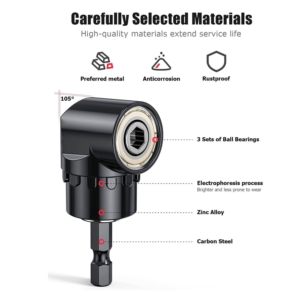 Flexible Drill Bit Extension Set with Right Angle Attachment, 360° Rotatabl