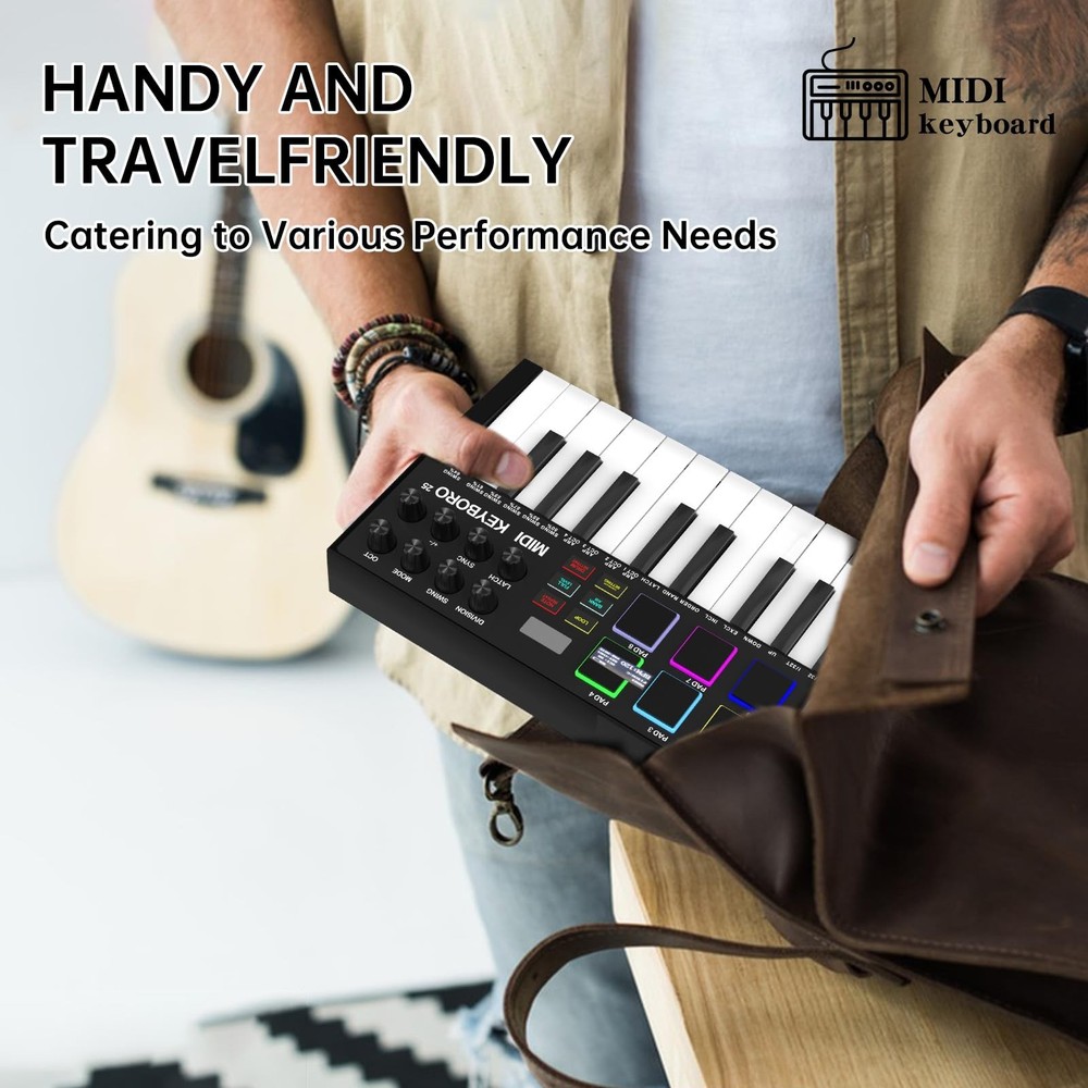 25Key USB MIDI Keyboard Controller with Backlit Pads and Knobs for Production