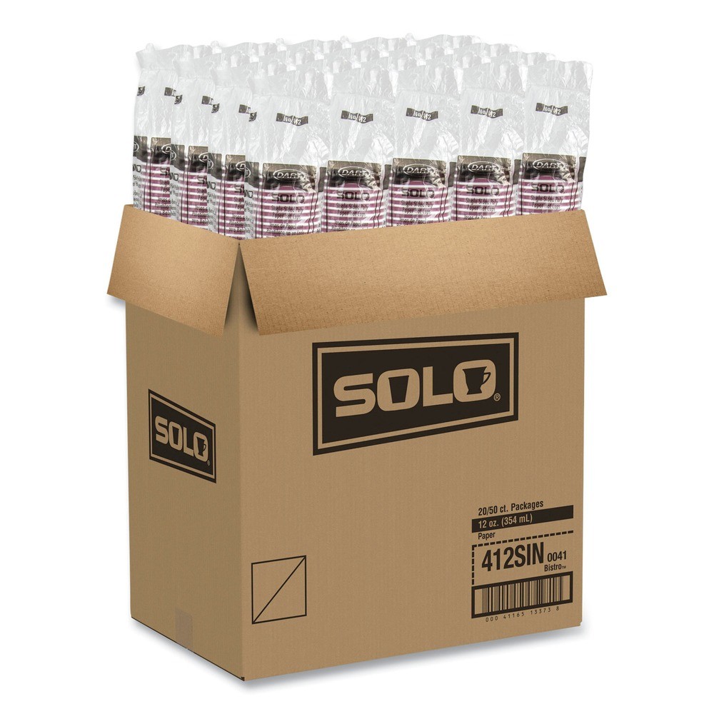 SOLO 412SINPK 12 oz. Paper Hot Drink Cups in Bistro Design - Maroon (50/PK) New
