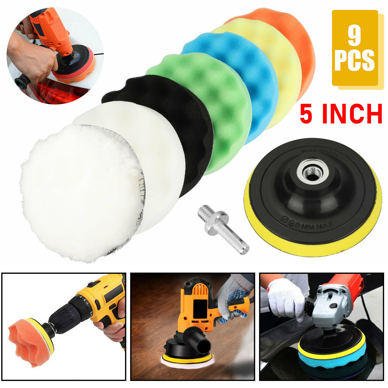 9Pcs 5 Inch Polishing Pads Sponge Waxing Foam Buffing Kit Car Polisher for Drill