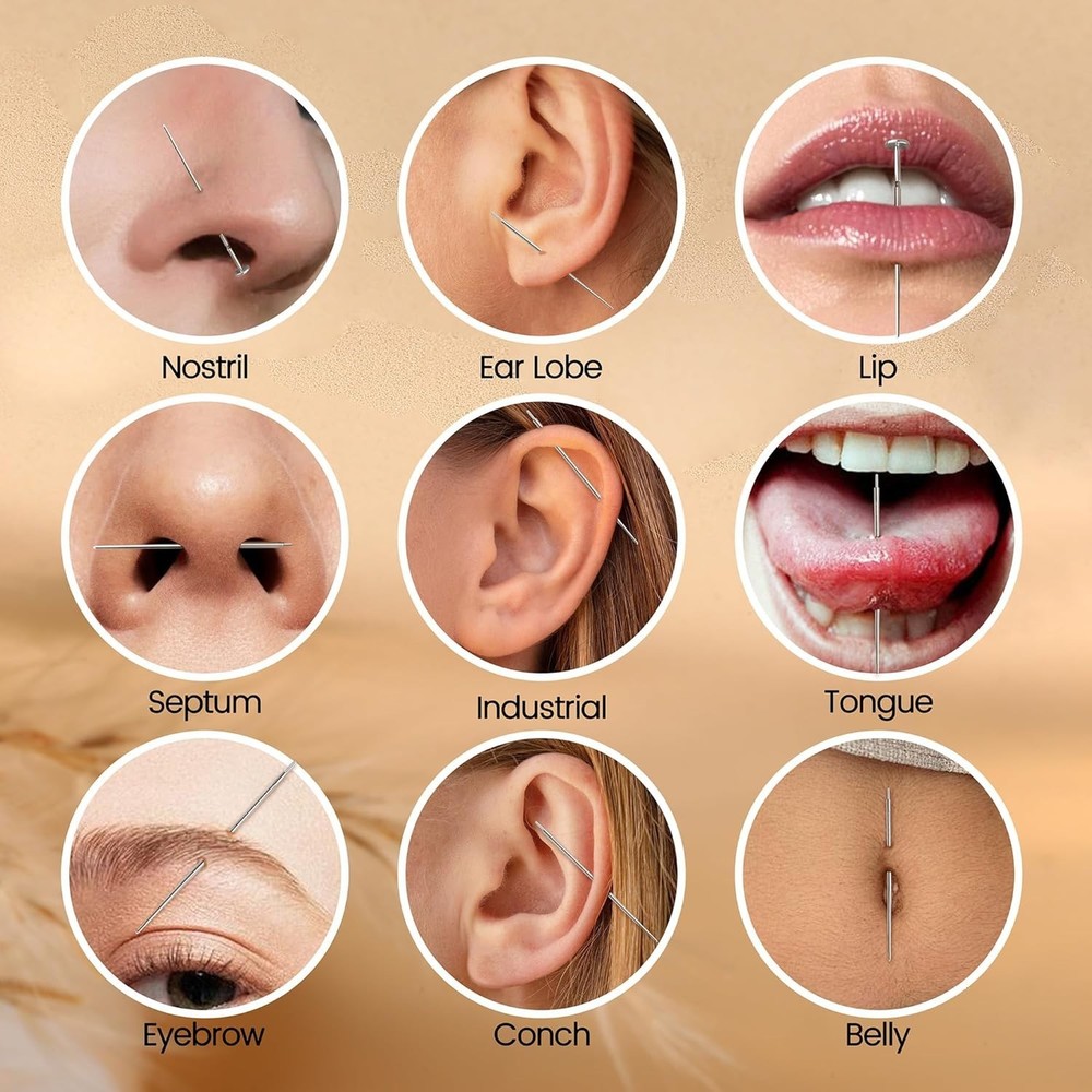 Body Piercing Kit with Threadless Insertion Pin and Grabber Tool for Flat Backs
