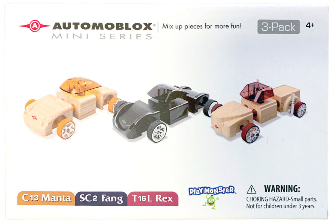 Automoblox Wood Collectible Toy Cars and Trucks - 3 Pack Mini Manta/Fang/Rex