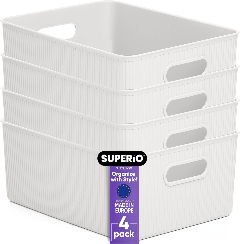 Superio 15L Medium Ribbed Storage Bin- Plastic Storage Bin  (4 Pack, White)